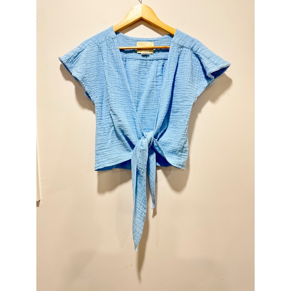 Anaak Blue Double Gauze Cotton Tie Front Wrap Top Raw Edge Flutter Sleeve Size 0